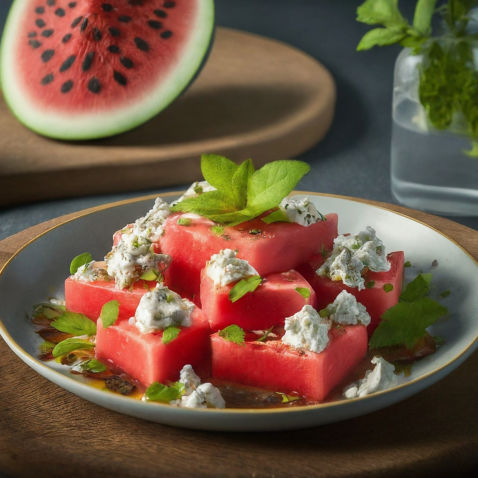 Tuerkisches-Wassermelonen-Salat-mit-Schafskaese-und-Minze Türkisches Wassermelonen-Salat mit Schafskäse und Minze