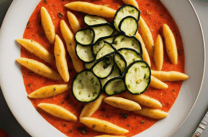 Vollkornnudeln in Tomaten-Mozzarella-Soße mit gebratener Zucchini