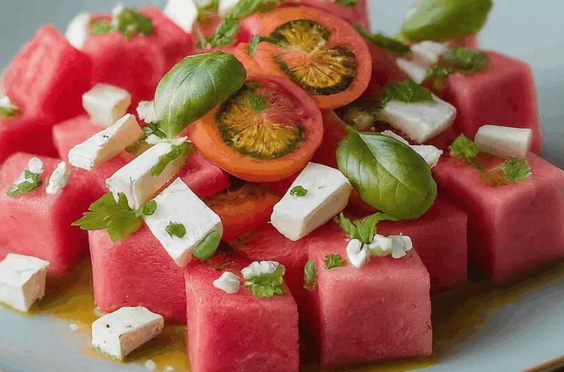 Wassermelone Feta – Wassermelonensalat mit Feta, Gurke und Tomaten