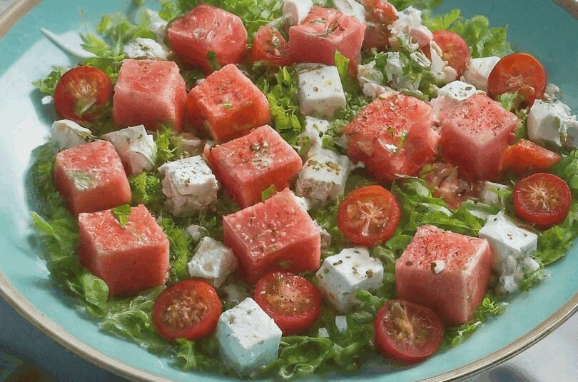 Wassermelonensalat mit Feta, Gurke und Tomaten