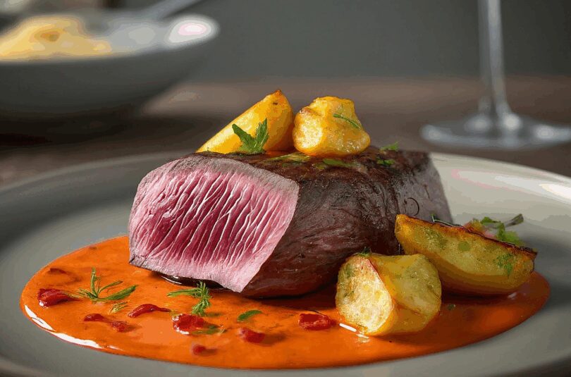 Wolfsbarschfilet auf der Haut gebraten mit Paprikasauce und Parmesankartoffeln