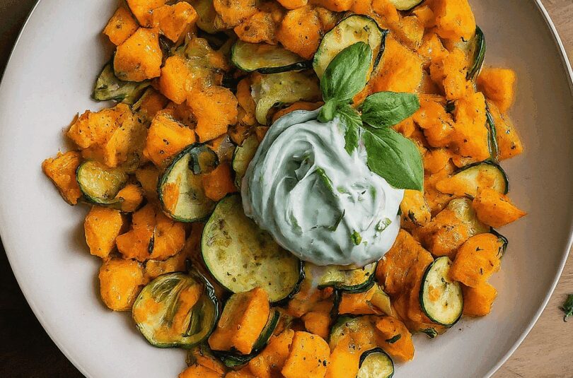 Zucchini-Möhren-Puffer mit Kräuter-Joghurt-Creme (mit Lidl Olivenöl)