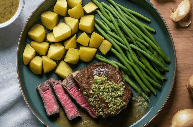 Argentinisches Hüftsteak mit grünen Bohnen, Pfeffer-Sahne-Sauce & Bratkartoffeln