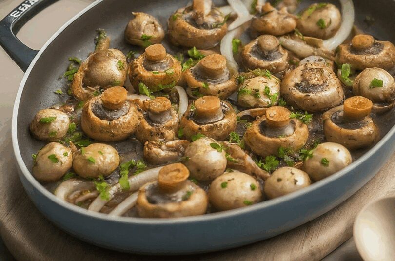 Frische-Champignons-mit-Zwiebeln-gebraten Frische Champignons mit Zwiebeln gebraten