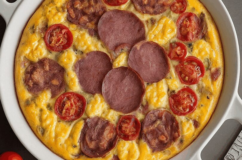 Herzhafter-Kuchen-mit-Salami-Tomaten-und-Kaese Herzhafter Kuchen mit Salami, Tomaten und Käse
