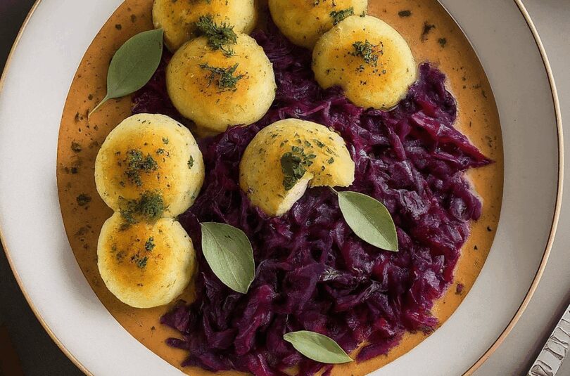 Knusprige Gänsebrust mit Rotkohl und Kartoffelknödeln