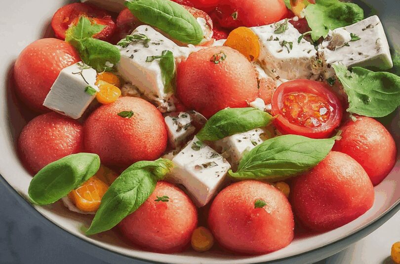 Salat mit Melone und Feta – Wassermelonensalat mit Feta, Gurke und Tomaten