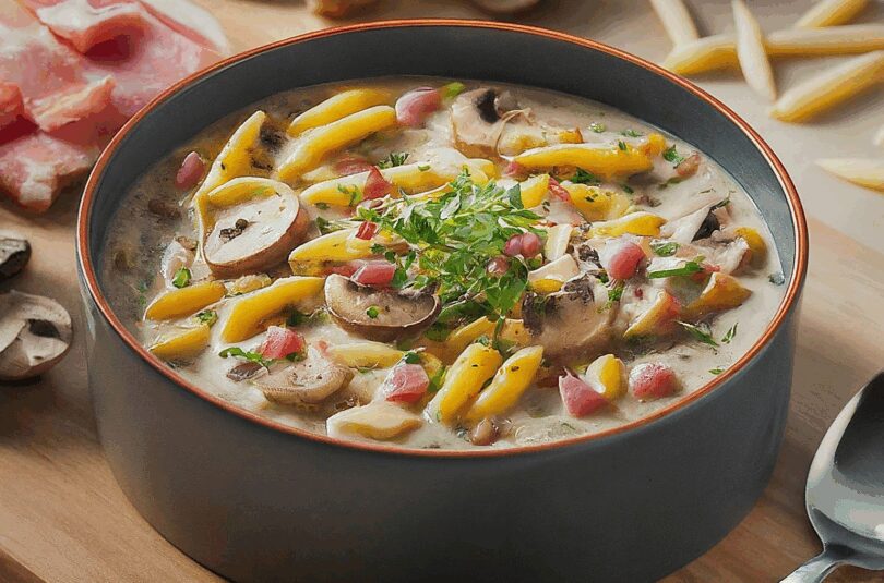 Schnelle Nudelsoße mit Speck, Champignons und Zwiebeln