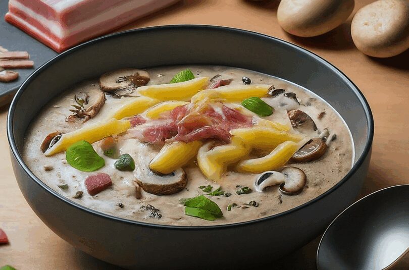 Schnelle Nudelsoße mit Speck, Champignons und Zwiebeln