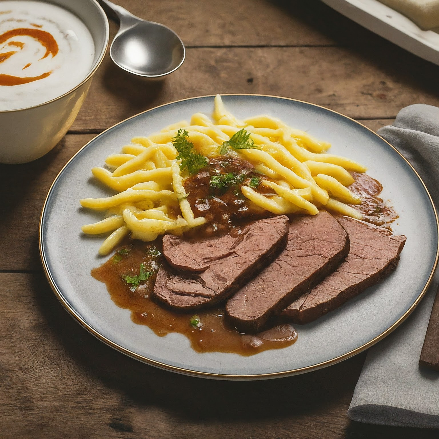 Schwaebischer-Sonntagsbraten-mit-Spaetzle-und-Sosse Schwäbischer Sonntagsbraten mit Spätzle und Soße