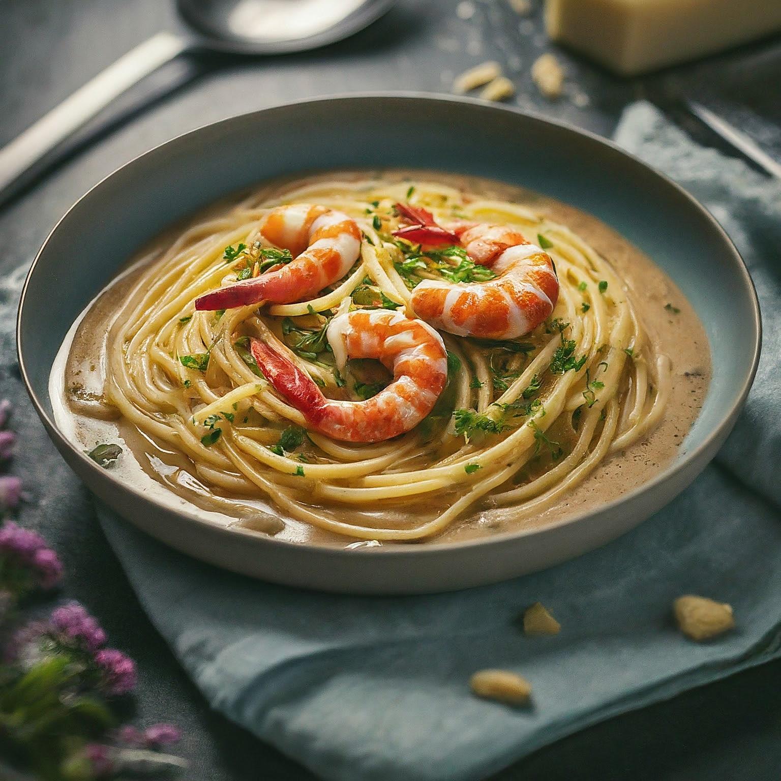 Spaghetti-mit-Garnelen-und-Knoblauch-Sahne-Sosse Spaghetti mit Garnelen und Knoblauch-Sahne-Soße