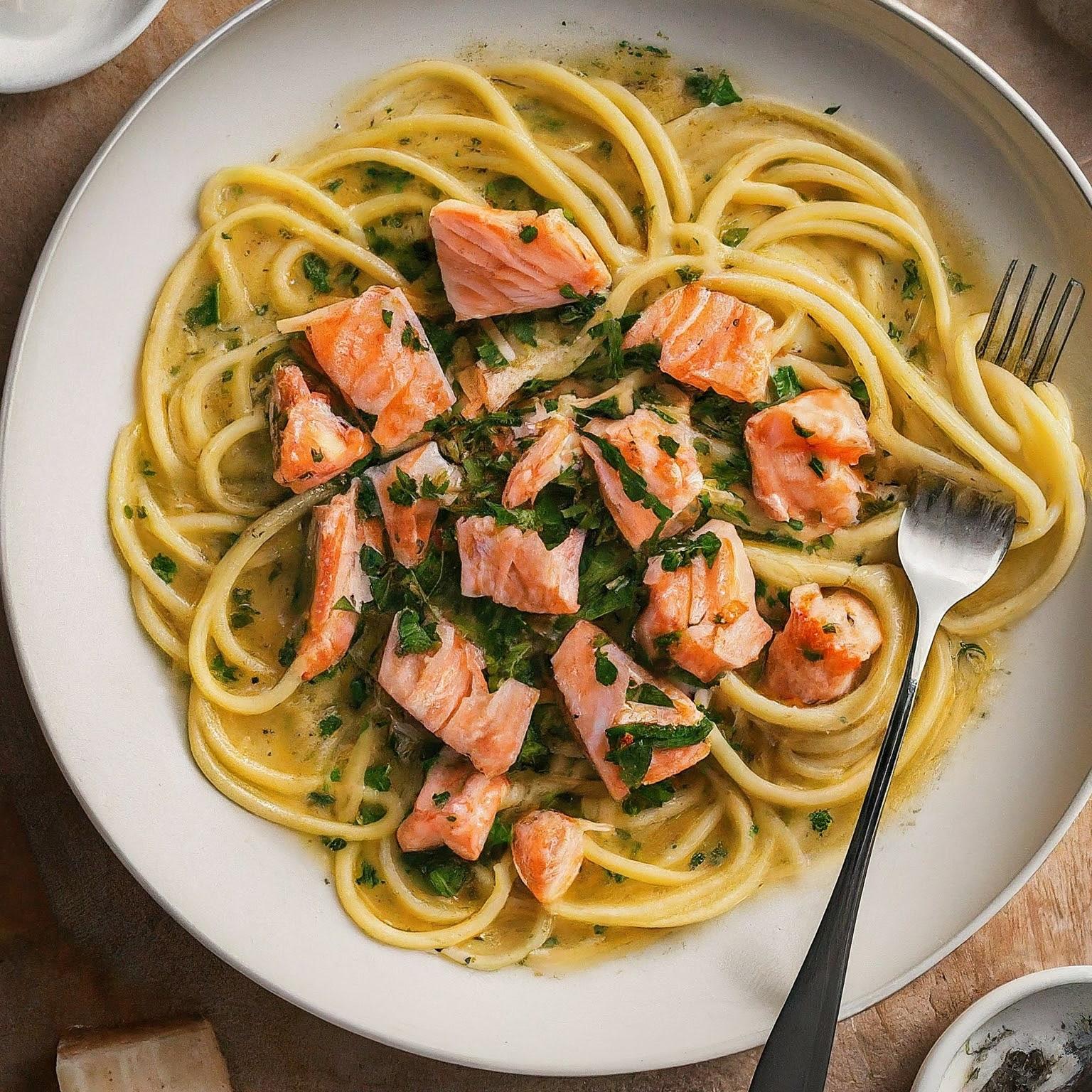 Spaghetti-mit-Lachs-Sahne-Sosse Spaghetti mit Lachs-Sahne-Soße
