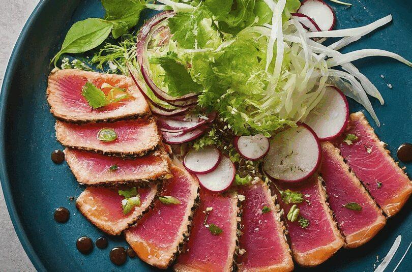 Thunfisch Tataki – Lachs Und Thunfisch Tataki Mit Ponzu Zwiebeln Und Gurkensalat
