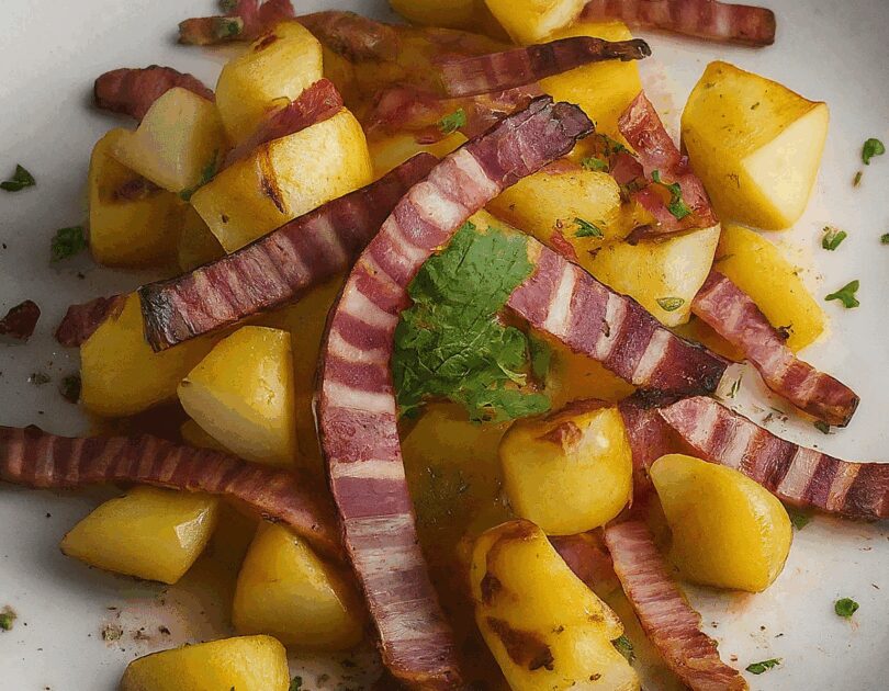 Überbackener Gemüseauflauf mit Kartoffeln und Baconstreifen