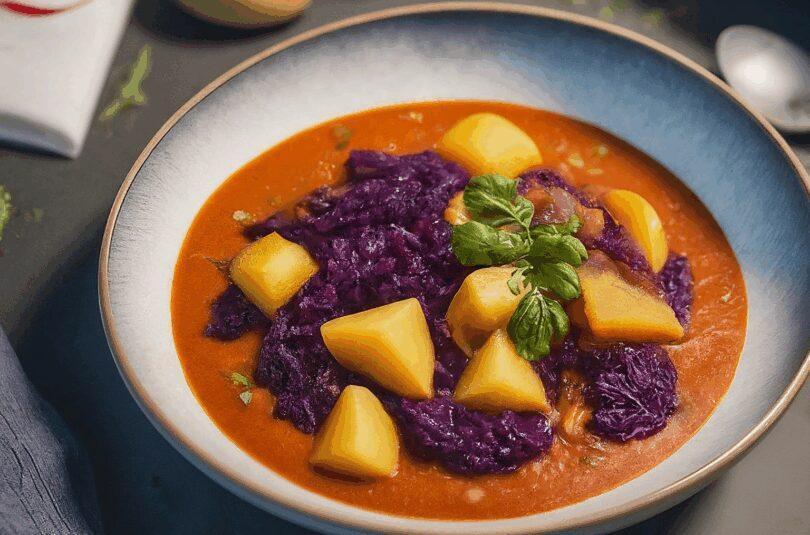 Veganes Gulasch mit Rotkohl und Kartoffeln