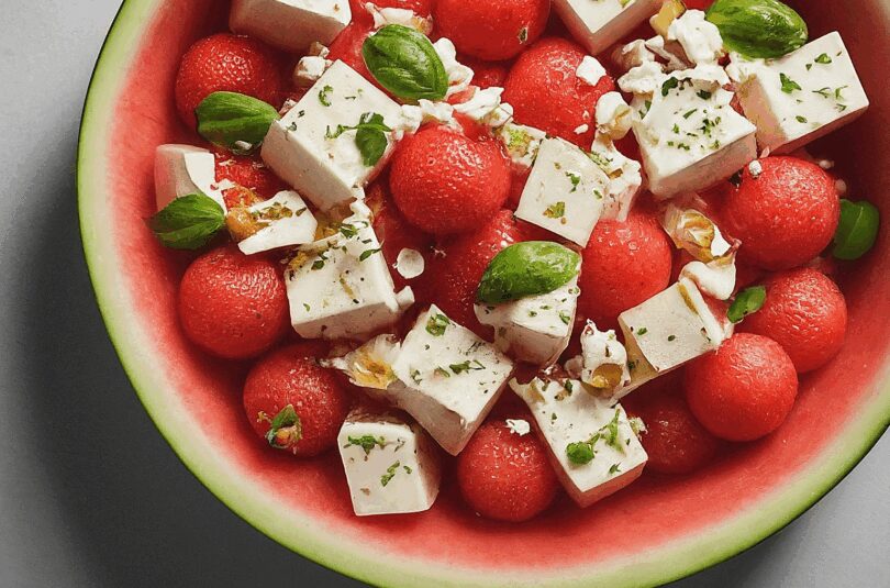 Wassermelone mit Feta – Wassermelonensalat mit Feta, Gurke und Tomaten