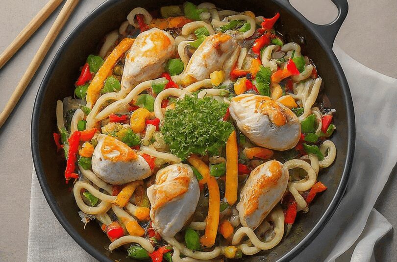 Wok-Nudel-Pfanne-mit-Haehnchen-und-Gemuese Wok Nudel Pfanne mit Hähnchen und Gemüse